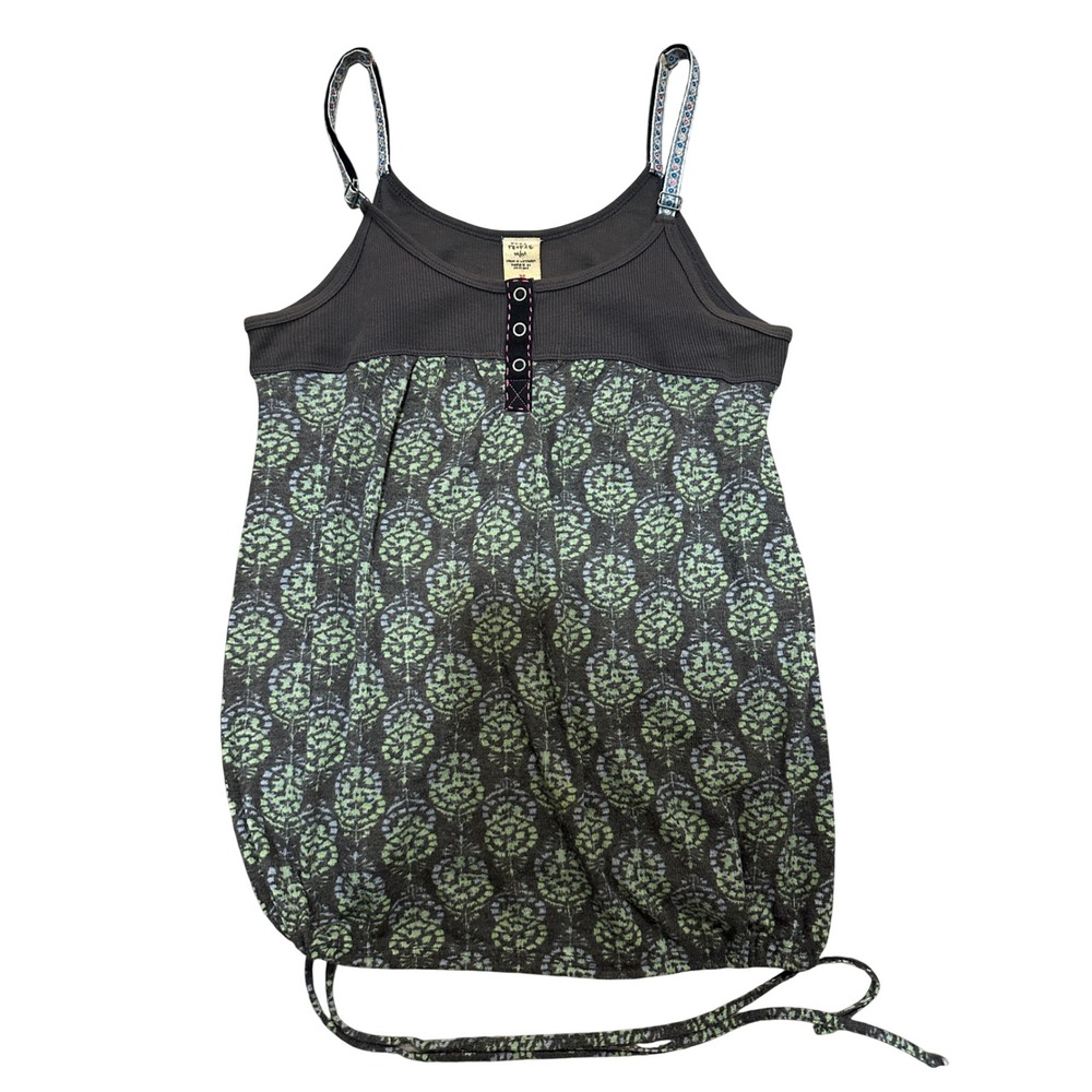 Free People Vtg Henley Babydoll Cami Tank Top Medallion Print Drawstring Hem